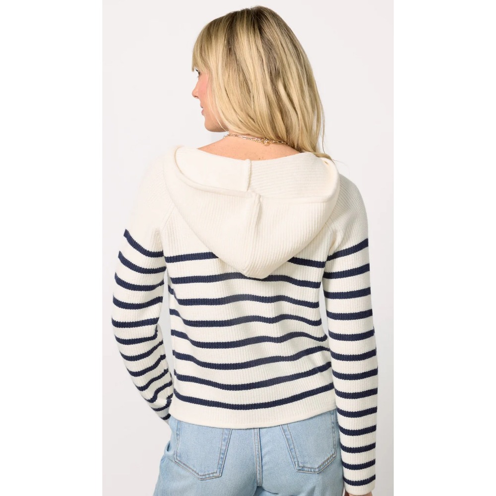 Evereve Isabel Hoodie Cardigan Cream Navy Stripe Drawstring Button Front Size S - Picture 4 of 7